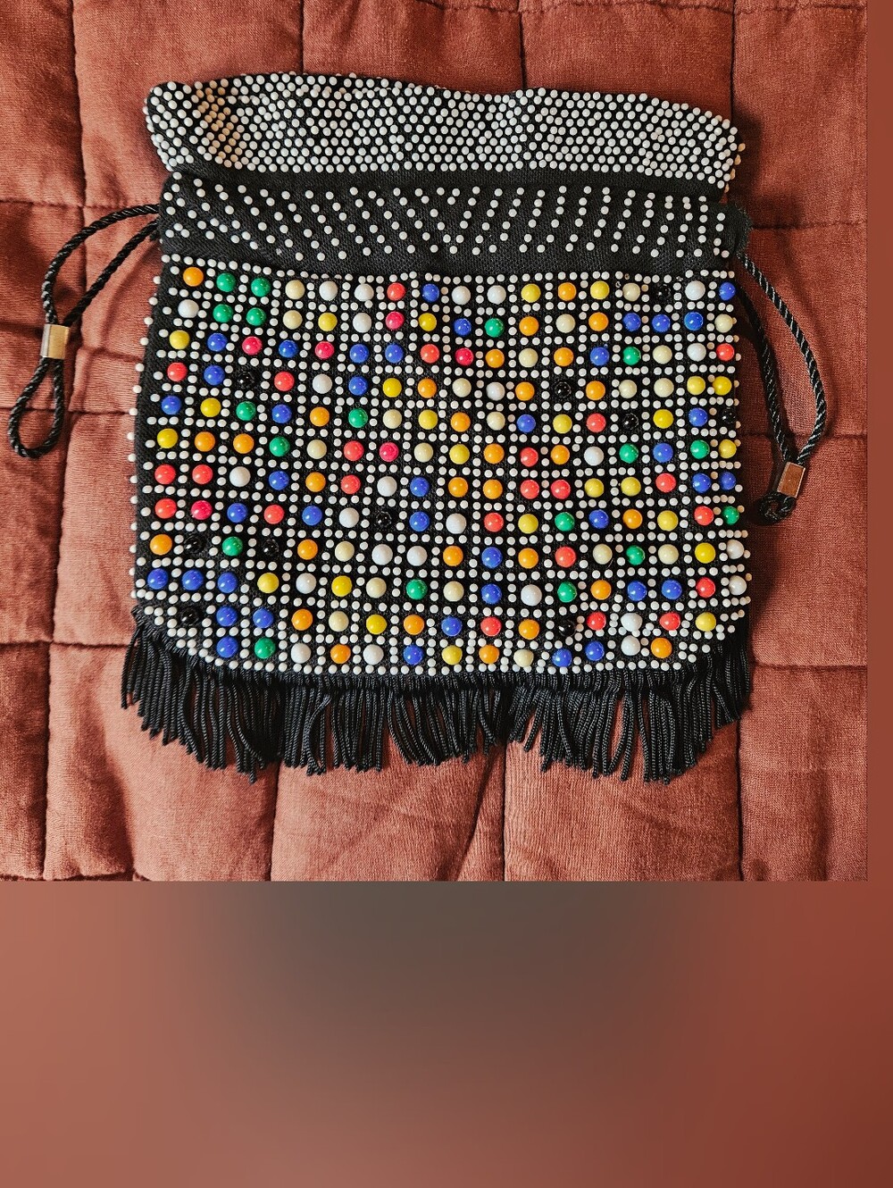 Vintage Black Beaded Candy Dot Cinch Bag